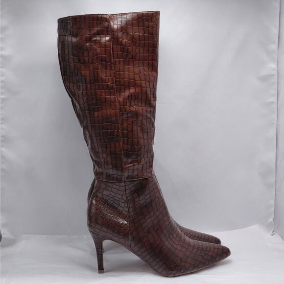 Alicepub Knee High Boots Women’s 9.5 Brown Croc Faux Leather Pointed Toe Zip - Picture 4 of 16